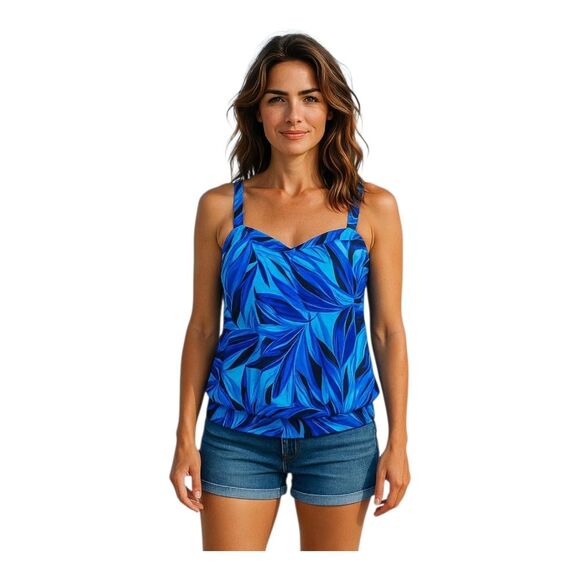 Miraclesuit Tankini Breezy Swim Top Modest Wire Free Vivid Blue Tropical size 10 - Picture 1 of 15